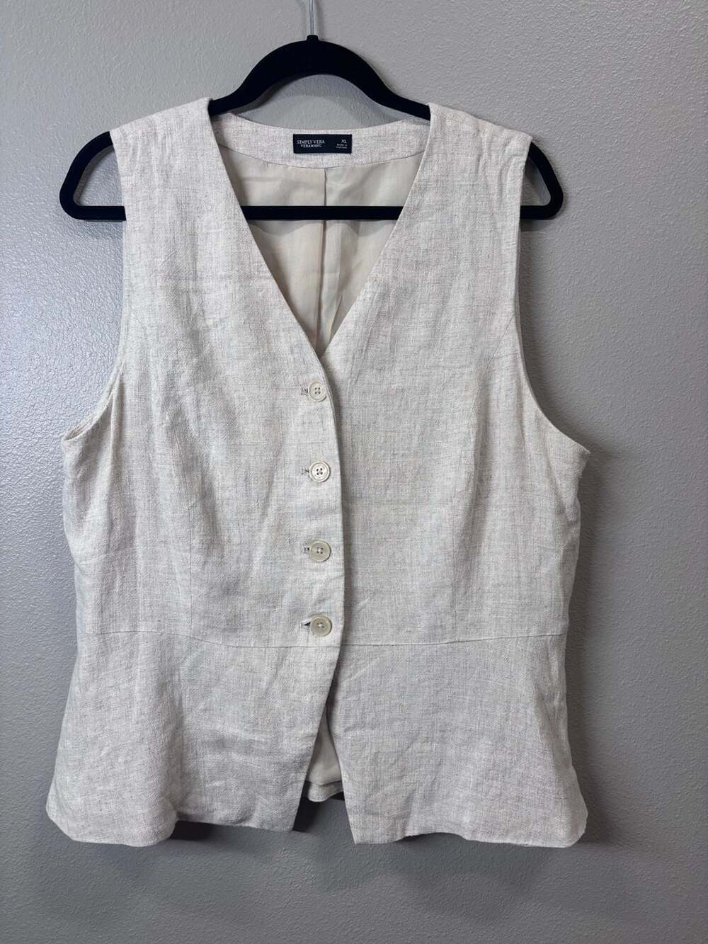 Simply Vera Wang Vest Size XL Beige Linen Blend V-Neck Button Down